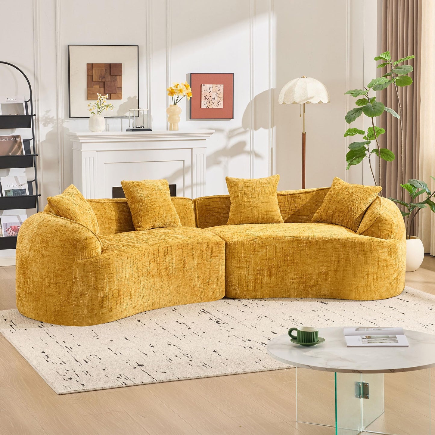 KEIKI 109.45" Curved Compressed Sofa, 4 Seat Couch with Round Armrest, Compression Seat for Living Room, Guest, Bedroom, No Assembly Required, Yellow