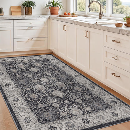 Skiennix 4x6 Living Room Area Rug - Washable Non-Slip Boho Design | Low Pile Neutral Carpet for Kids Room, Office, Kitchen