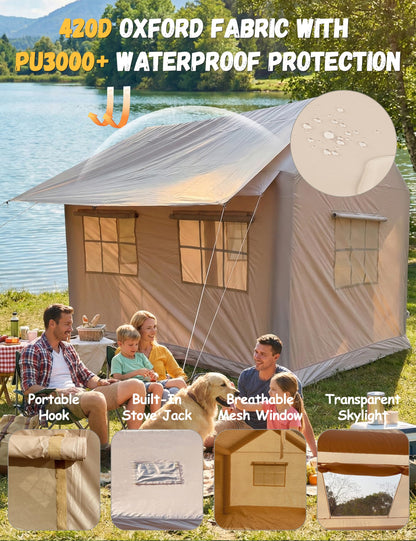 Luxury Inflatable Camping Tent House for 6-8 Person, 118"x158" XL Awning, 6.3" Extra Thick Air Beams (Stronger Than 5"), Heavy Duty Waterproof Oxford, Fast Setup Camping House with Pump & Bag
