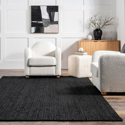 nuLOOM 9x12 Rigo Jute Hand Woven Area Rug, Black, Solid Farmhouse Design, Natural Fiber, For Bedroom, Living Room, Dining Room, Hallway, Office, Kitchen, Entryway