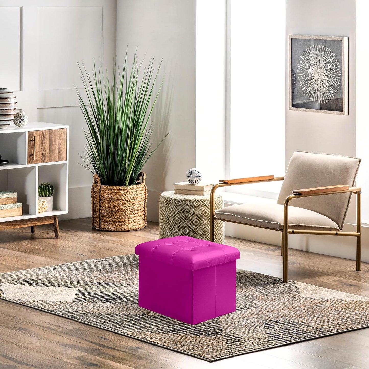 17 inch AmasSmile Storage Ottoman Foot Rest Stool, Velvet Footstool Bench, Hot Pink Short Ottomans Stool, Small Folding