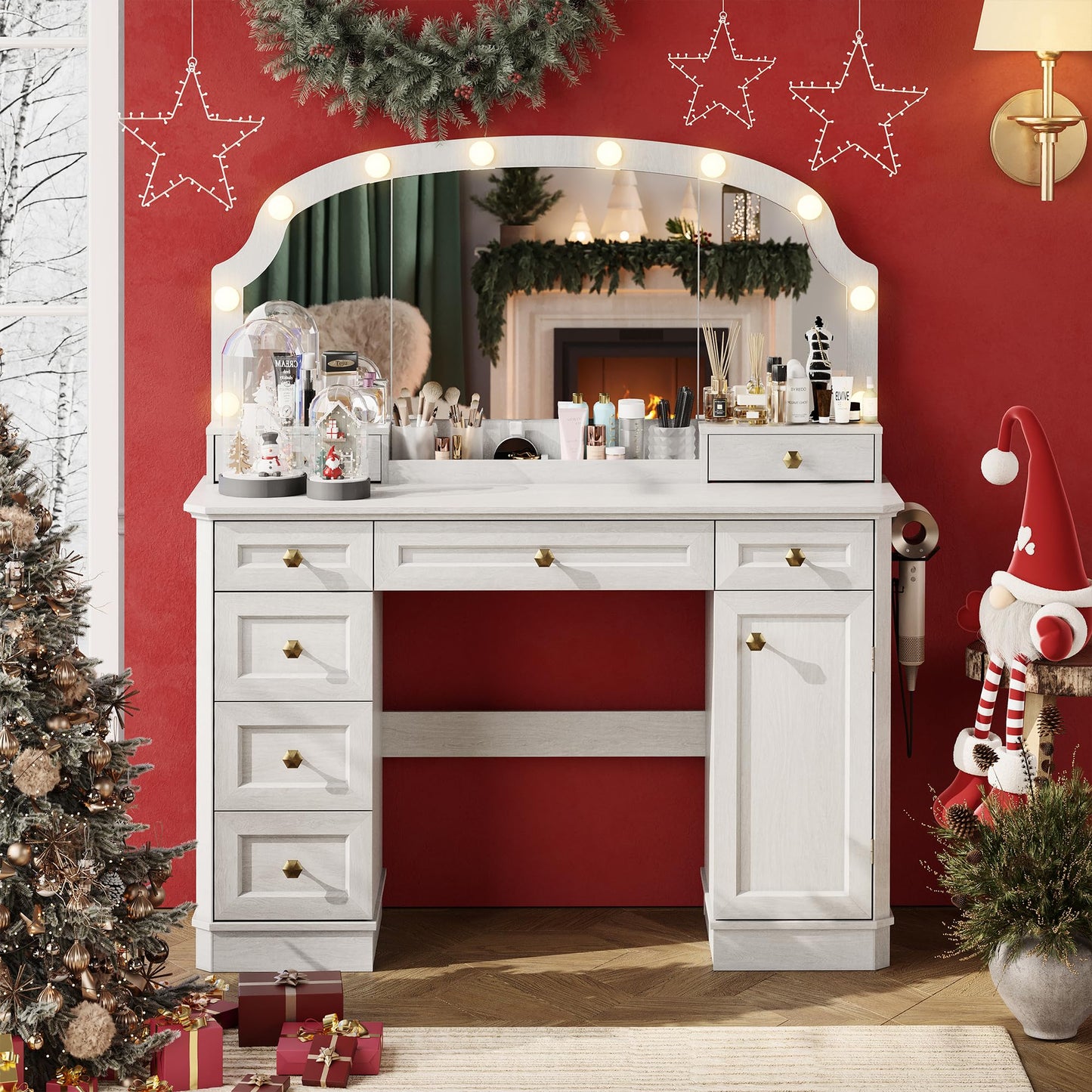 AMBERHAUS Farmhouse Makeup Vanity Desk with Mirror and Lights, 47'' Vanity Table with 8 Storage Drawers 1 Cabinet & 2 Organizer Trays, Big Dressing Table with Charging for Bedroom Classic White