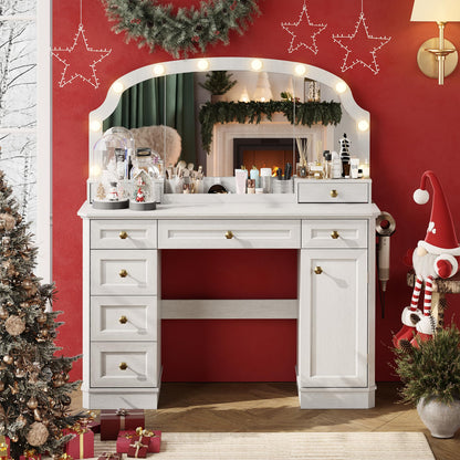 AMBERHAUS Farmhouse Makeup Vanity Desk with Mirror and Lights, 47'' Vanity Table with 8 Storage Drawers 1 Cabinet & 2 Organizer Trays, Big Dressing Table with Charging for Bedroom Classic White