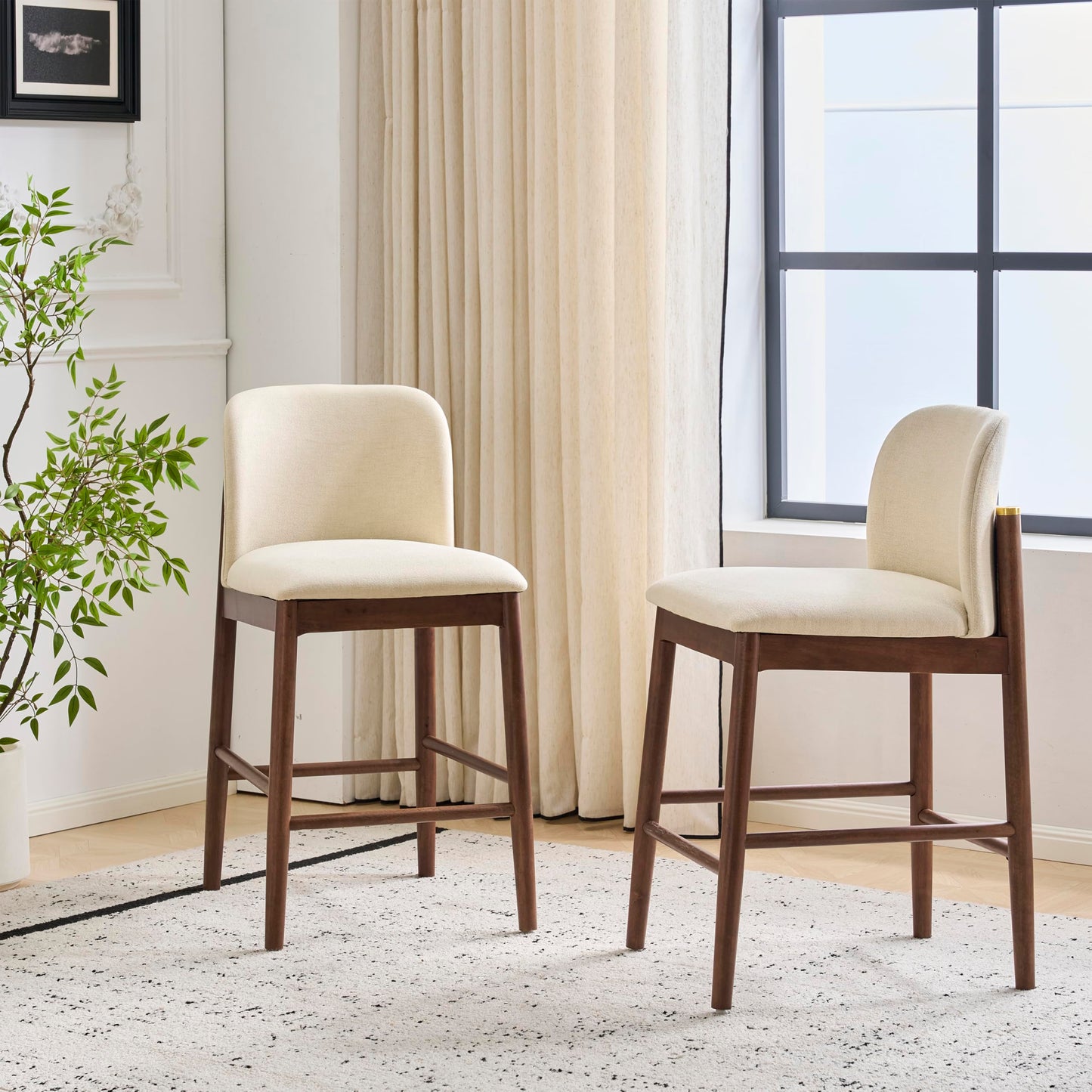 Christopher Knight Home Yumi Counter Height Bar Stools Set of 2, Fabric Upholstered Bar Stool for Kitchen Island, Armless Rubberwood Counter Stools with Solid Backrest + Footrest, Beige + Dark Walnut