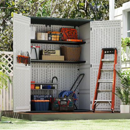 EHHLY Vertical Resin Storage Shed with 2 Shelves, 60 Cuft Garden Tool Sheds & Outdoor Storage, Plastic Outdoor Storage Cabinet Waterproof, 4.5 x 2.3 ft Outside Lawn Mower Storage Shed, Light Grey