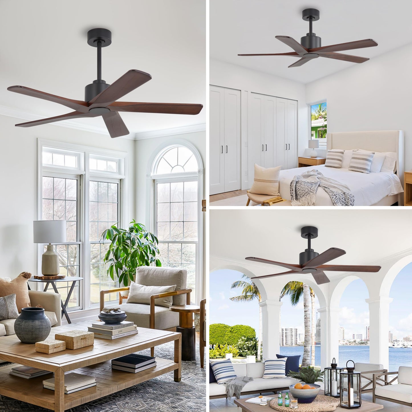 WINGBO 48" DC Ceiling Fan No Light - 5 Carved Solid Wood Blades, 6-Speed Reversible DC Motor, Ceiling Fan without Lights for Living Room Bedroom Kitchen Patio, Indoor and Outdoor, Black and Walnut