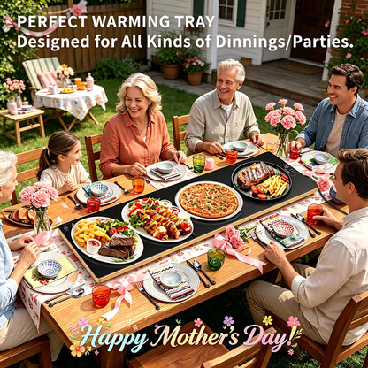 Electric Warming Tray (Extra Long 40”x12”), Warming Mat For Food with Thermostat & Full Surface Heating, Food Warmers For Parties Buffet & Gatherings, Temperature Adjustable Tempered Glass Warming Mat