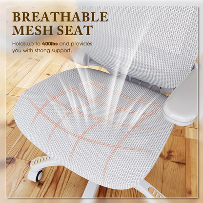 GABRYLLY Ergonomic Office Chair, High Back Home Desk Chair with Flip-Up Arms, Headrest, 90-120° Tilt and Wide Cushion, 300LBS White Mesh Chair for Work Gaming Study (GY01-NT, Woodgrain Pattern)