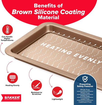 BAKKEN Nonstick Baking Pans - Commercial Grade Carbon Steel Cookie Sheet, 13.18" x 8.66", Oven Safe to 450°F, Brown