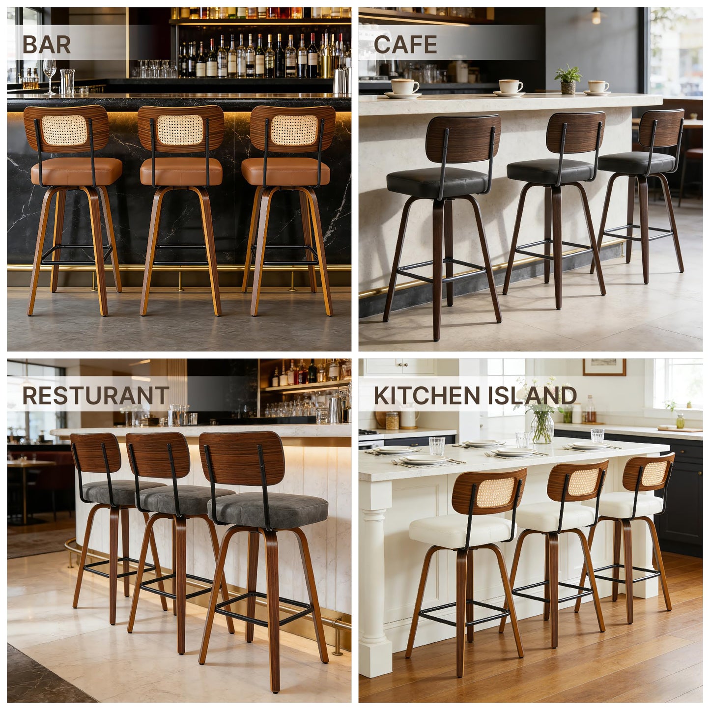 Swivel Bar Stools Set of 4, 26" Upholstered Counter Height Bar Stools with Rattan Back and Bent Wood Legs, Faux Leather Modern Barstools for Kitchen Island,Rattan Black/Dark Walnut Frame