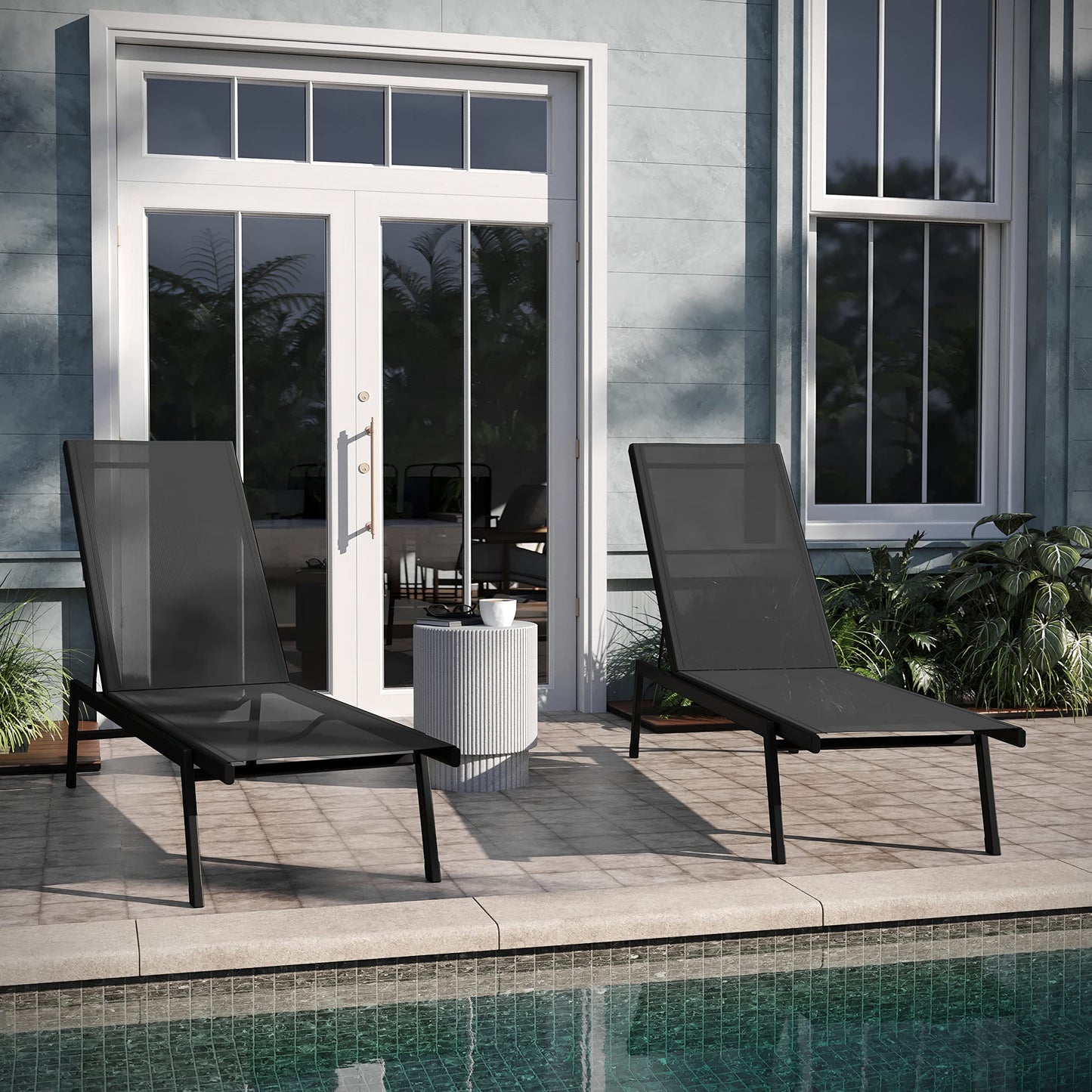 EMMA + OLIVER Braelin Adjustable Patio Chaise Lounge - Black Textilene Seat - Armless Design - 5 Recline Positions - Metal Frame - All-Weather - Set of 2