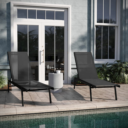 EMMA + OLIVER Braelin Adjustable Patio Chaise Lounge - Black Textilene Seat - Armless Design - 5 Recline Positions - Metal Frame - All-Weather - Set of 2