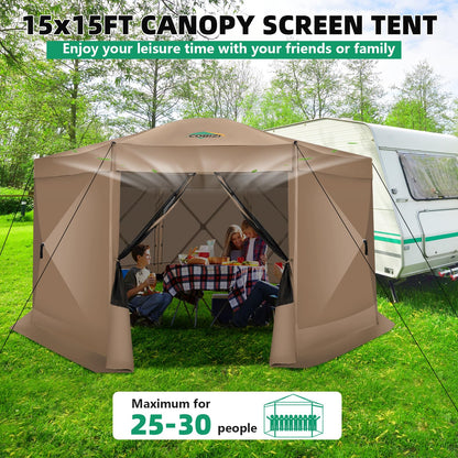 COBIZI 15x15FT Pop Up Gazebo Screen Tent Screen House for Camping, Screen Room with Mosquito Netting, Hub Tent Instant Screened Canopy with Carrying Bag and Ground Stakes, Khaki