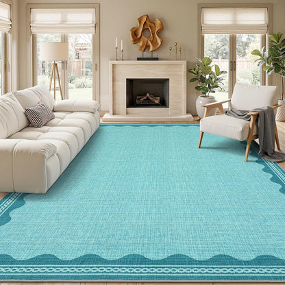 2.5x8 GarveeHome Scalloped Teal Runner Rug for Hallway Washable Kitchen Rugs Non Slip Solid Modern Soft Low-Pile Indoor