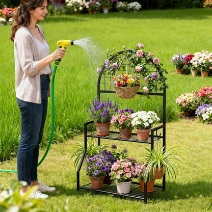2 VGMiu Tier Plant Stand Indoor Outdoor, Metal Plant Display Stand Plants Shelf Rack for Multiple Plants, Black Flower