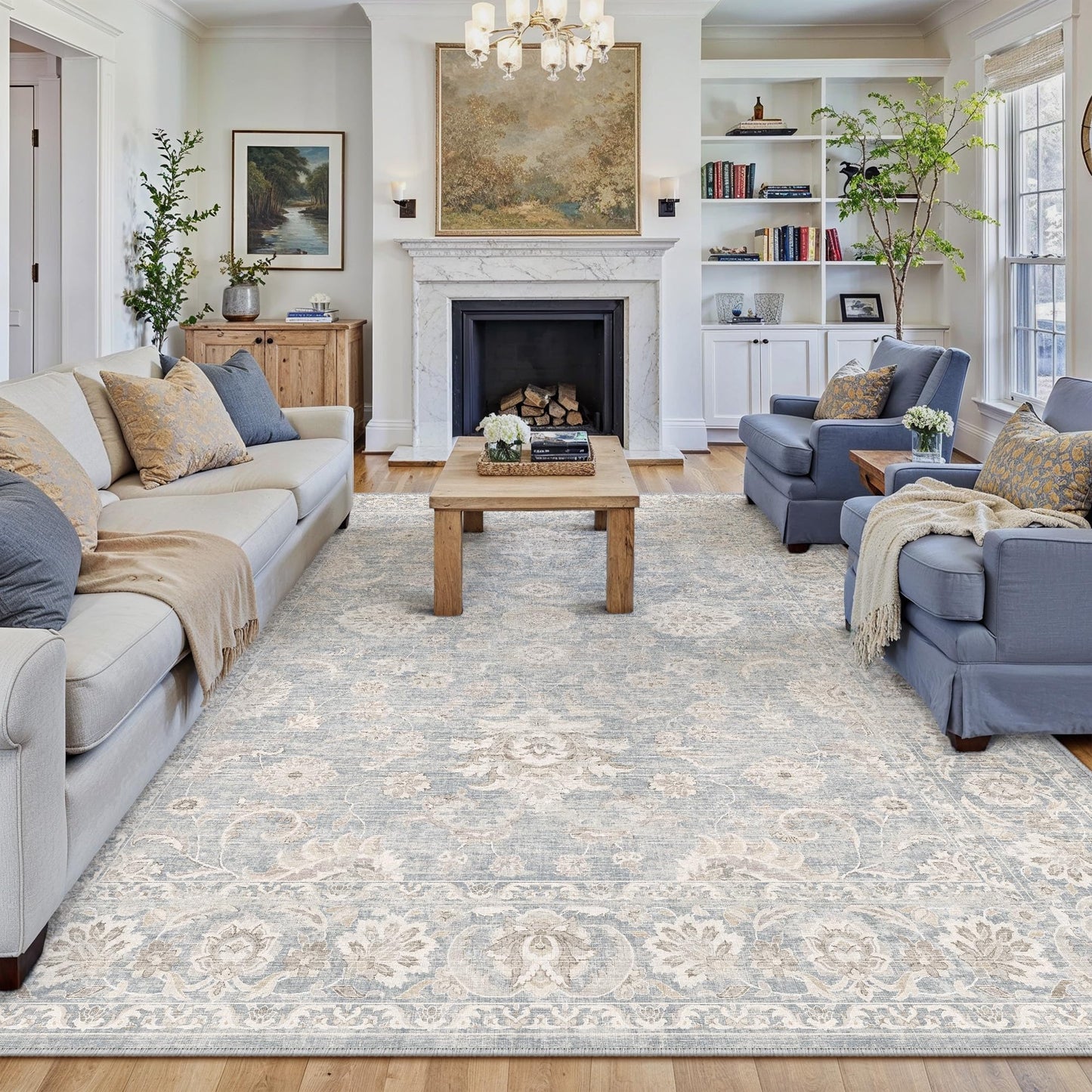 WondRg 10x14 Blue Cream Area Rug for Living Room Bedroom Neutral Floral Soft Non Slip Rug Low Pile Distressed Large Carpet for Dining Room Nursery Office Indoor