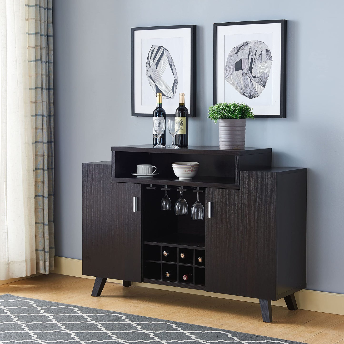 HOMES: Inside + Out Smithvale Mid-Century 5 Shelves Wood 48 in. Wine Storage Buffet, Sideboard with Stemware Rack for Dining Room, Kitchen, Cappuccino Brown