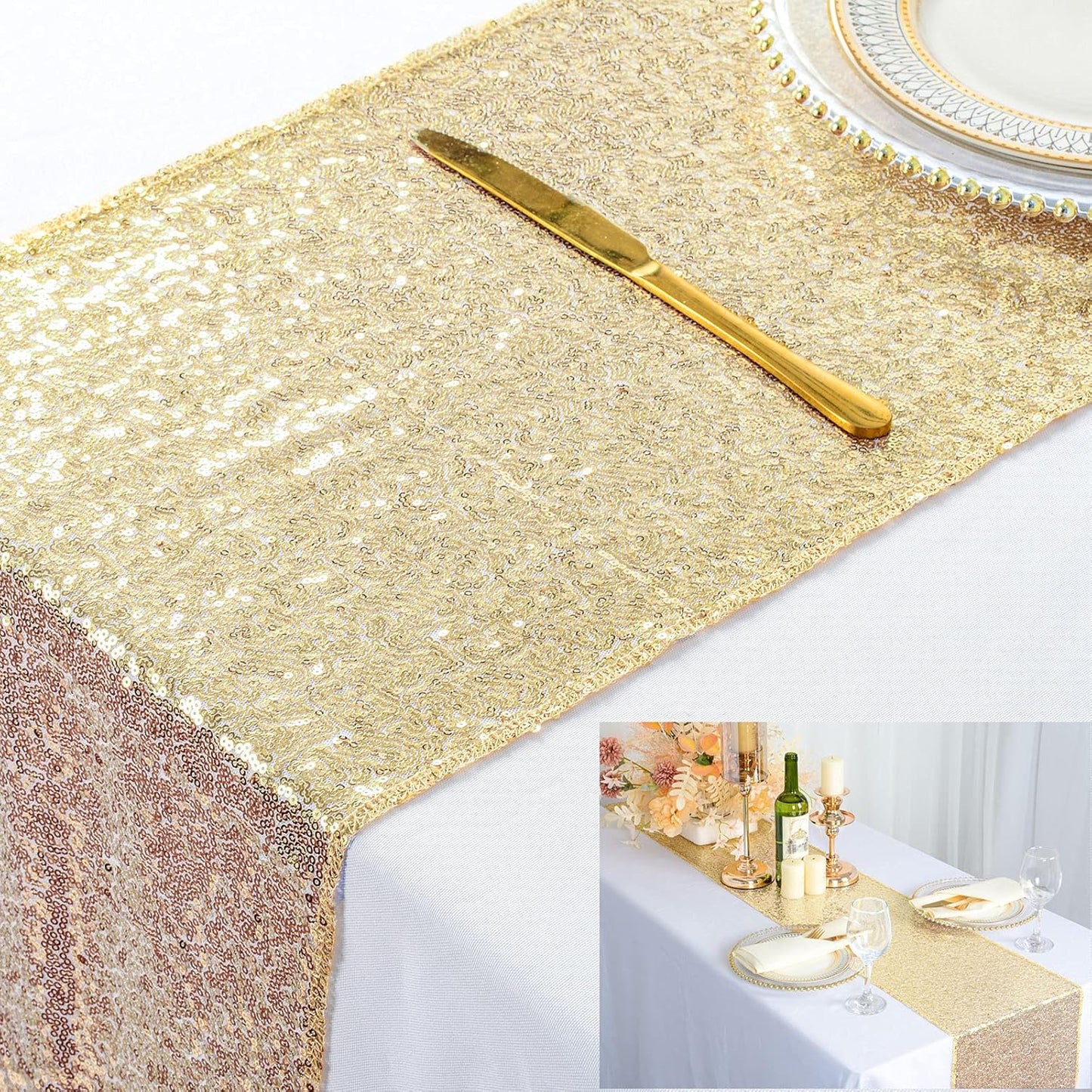 12" 108" ShinyBeauty x Light Gold Sequin Table Runner | Elegant Dining & Coffee Table Decor | Perfect for Christmas