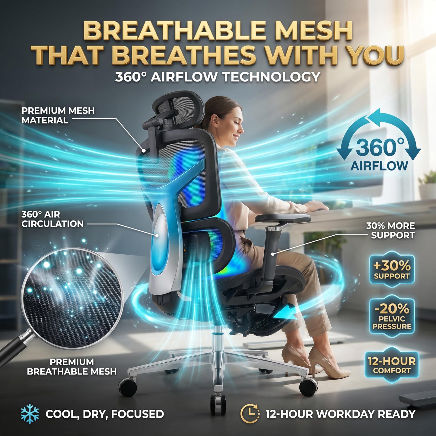 Ergonomic Office Chair with Footrest & 3D Massage Lumbar Support, Adjustable Seat Depth & Back Height,Big and Tall,400lbs, 4D Headrest, 4D Armrests, Reclining Office Chair for Home Office (Black)