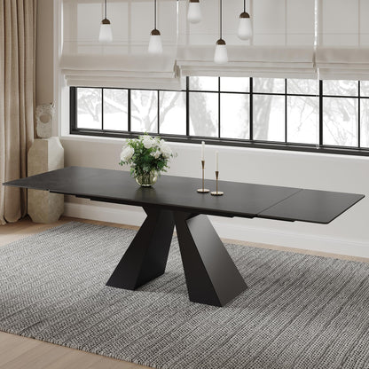 FHKJ Modern Expandable Dining Table- 63" to 94.5" Extendable Dining Room Table, Gray Sintered Stone Top with Black Metal Base - Seats 6-12, Easy Assembly (Table Only)