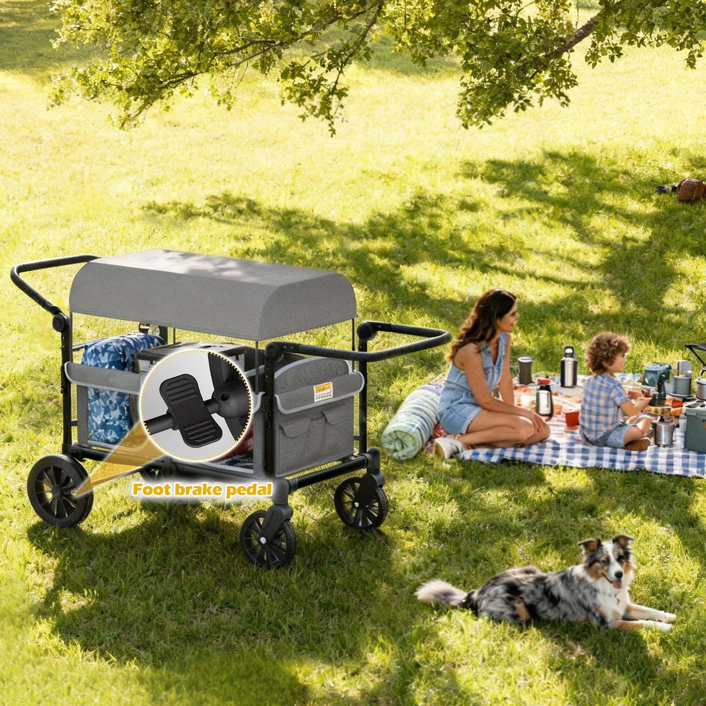 Xilingol 4-Seater Wagon Stroller for Kids, Foldable Outdoor Wagon with Canopy, Adjustable Handle, 5-Point Harness, Detachable Tray & Carry Bag (Grey)