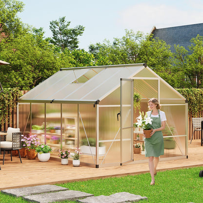 8x10 FT Greenhouse for Outdoors, Polycarbonate Greenhouse with Roof Vent, Ground Nails, Lockable Push Door, Aluminum Large Walk-in Green House for Outside Garden Backyard, Patio, Lawn, Silver