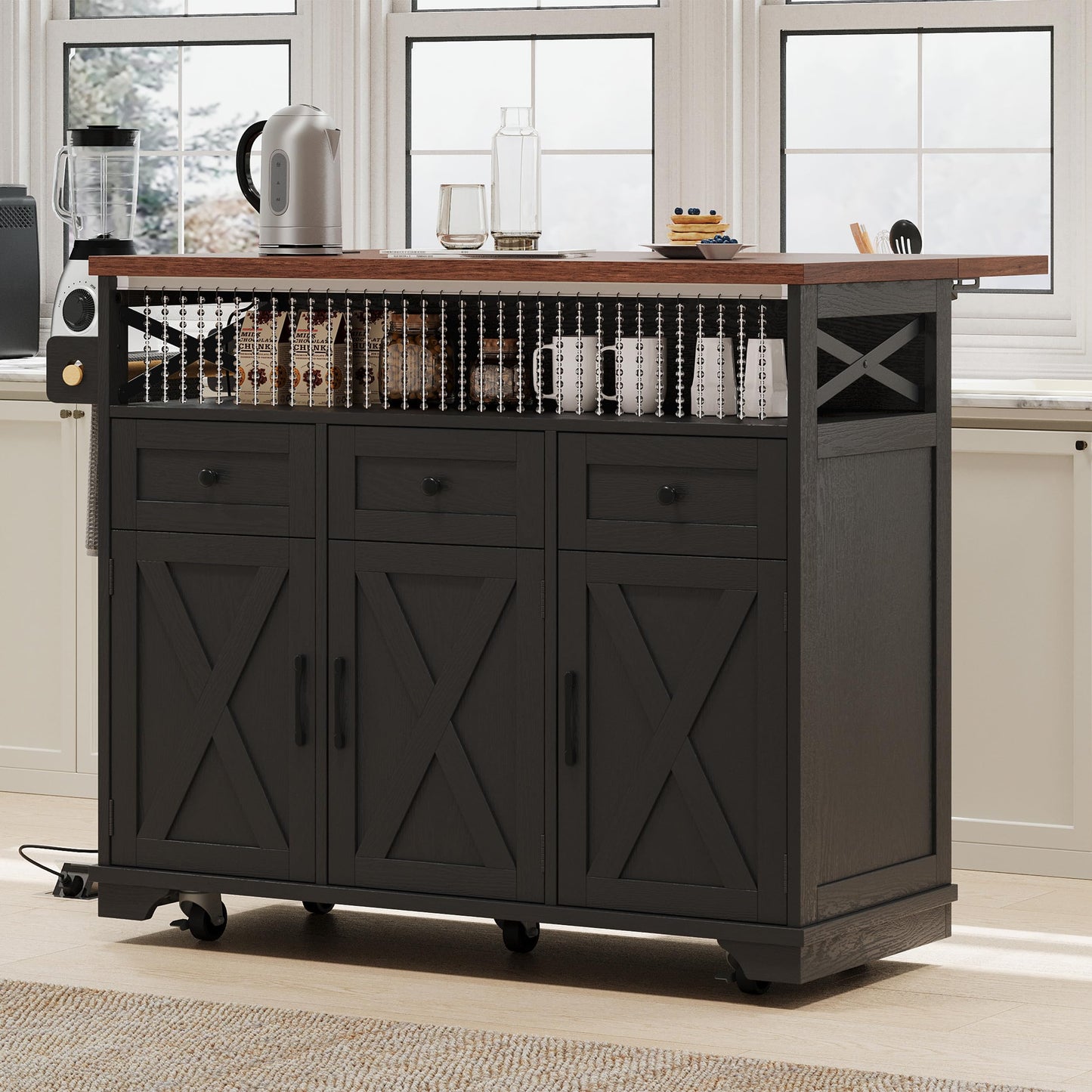 Bellemave 46.5" Farmhouse Kitchen Island cart with Charging Station and with Drape of Beads, Rolling Kitchen Island Table with Drop-Leaf, 3 Drawers, Black