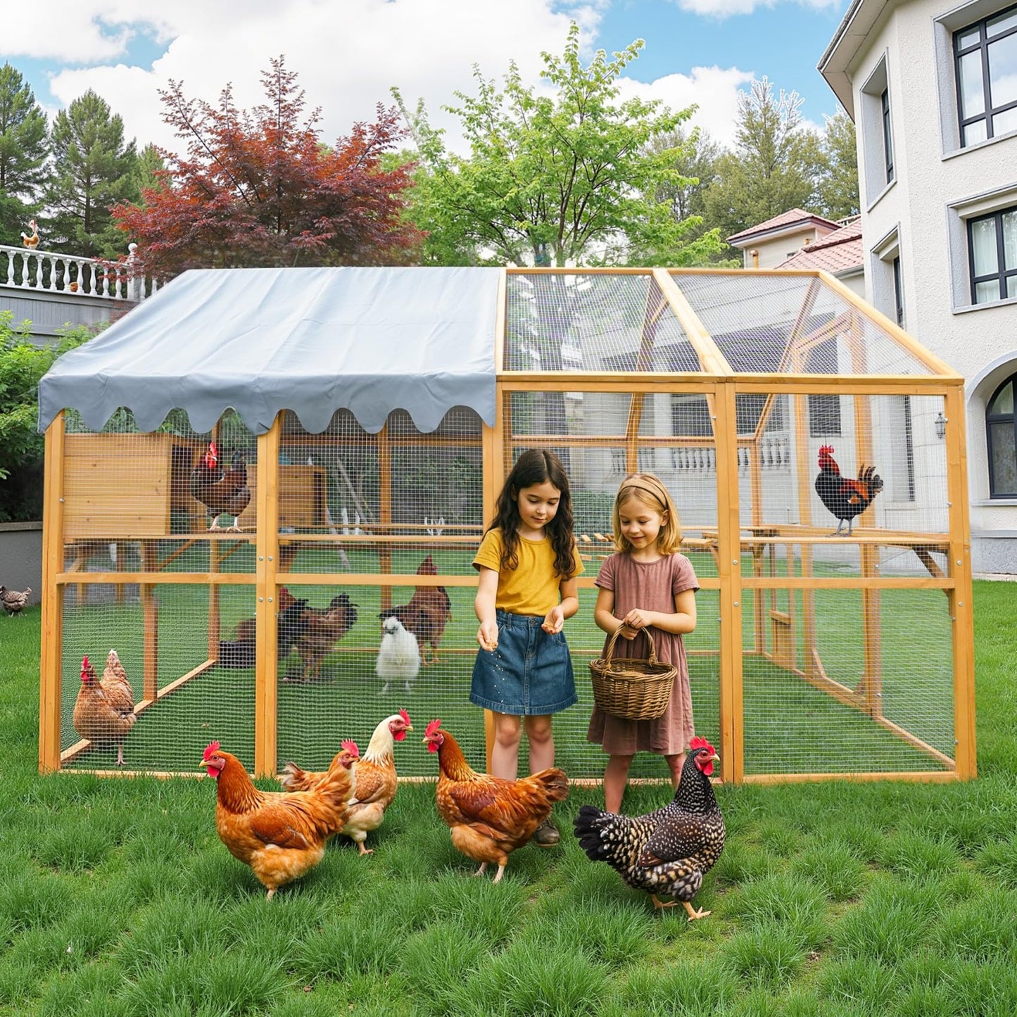 KEIKI 110" L Outdoor Large Chicken Coop with Waterproof Cover, Roosting Platform, Wire Mesh & 2 Lift Small Doors with Locks, Wood Chicken Coop House for Cat Kitten, Duck, Rabbit, Quail Playpen