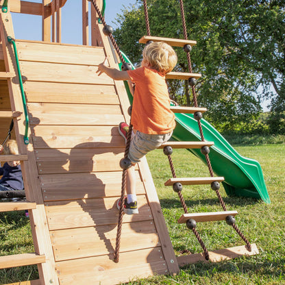 Backyard Discovery Endeavor All Cedar Wood Swing Set Playset for Backyard with Large Clubhouse Wave Slide Rope Ladder Rock Climbing Wall Wave Slide 2 Belt Swings and 1 Web Swing Gift for Ages 3-10