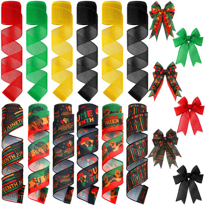 Vincreem 12 Rolls 60 Yards Juneteenth Ribbons Wired Edge Fabric Ribbons Craft Assortment Themed Juneteenth Freedom Day Pattern Wrapping Crafts for DIY Gift Hair Sewing Wreath, 12 Styles