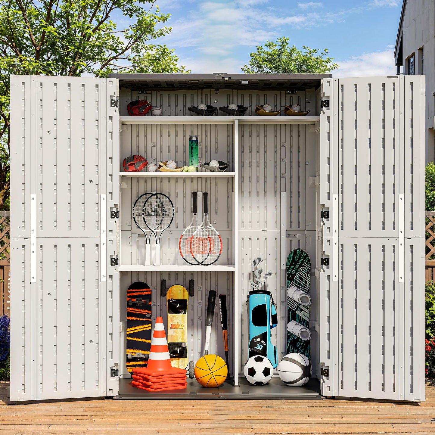 WillowLume 65 Cu.Ft Outdoor Storage Shed, Lockable Outdoor Vertical Resin Storage Cabinet with Floor, All-Weather Waterproof Shed for Garden, Backyard, Pool (65 cu ft - Shelf Kit)