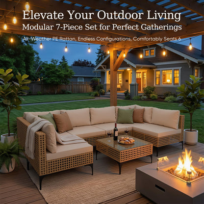 Devoko Patio Furniture Set,7 Pieces Outdoor Wicker Sectional Couch with Thick Cushions &Glass Tabletop, PE Rattan Backyard Conversation Sofa with Coffee Table for Deck, Porch