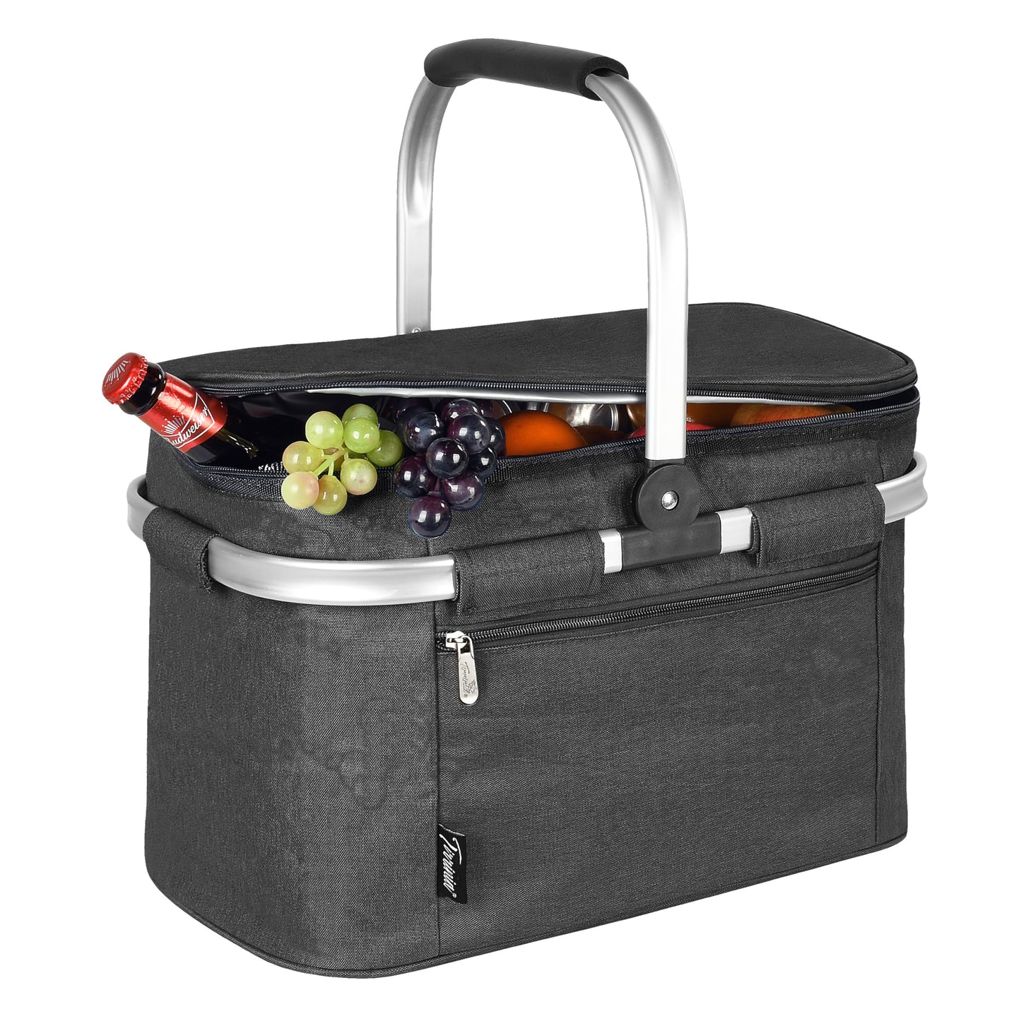 Tirrinia Large Insulated Picnic Basket, 34L Water Resistant & Leakproof Collapsible Portable Cooler Basket Set with Aluminium Handle for Travel,Foldable Grocery Bag, Black