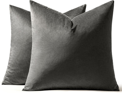 MIULEE 24x24 Inch Euro Sham Velvet Pillow Covers, Set of 2 Large Square Decorative Pillows - Dark Grey Super Soft