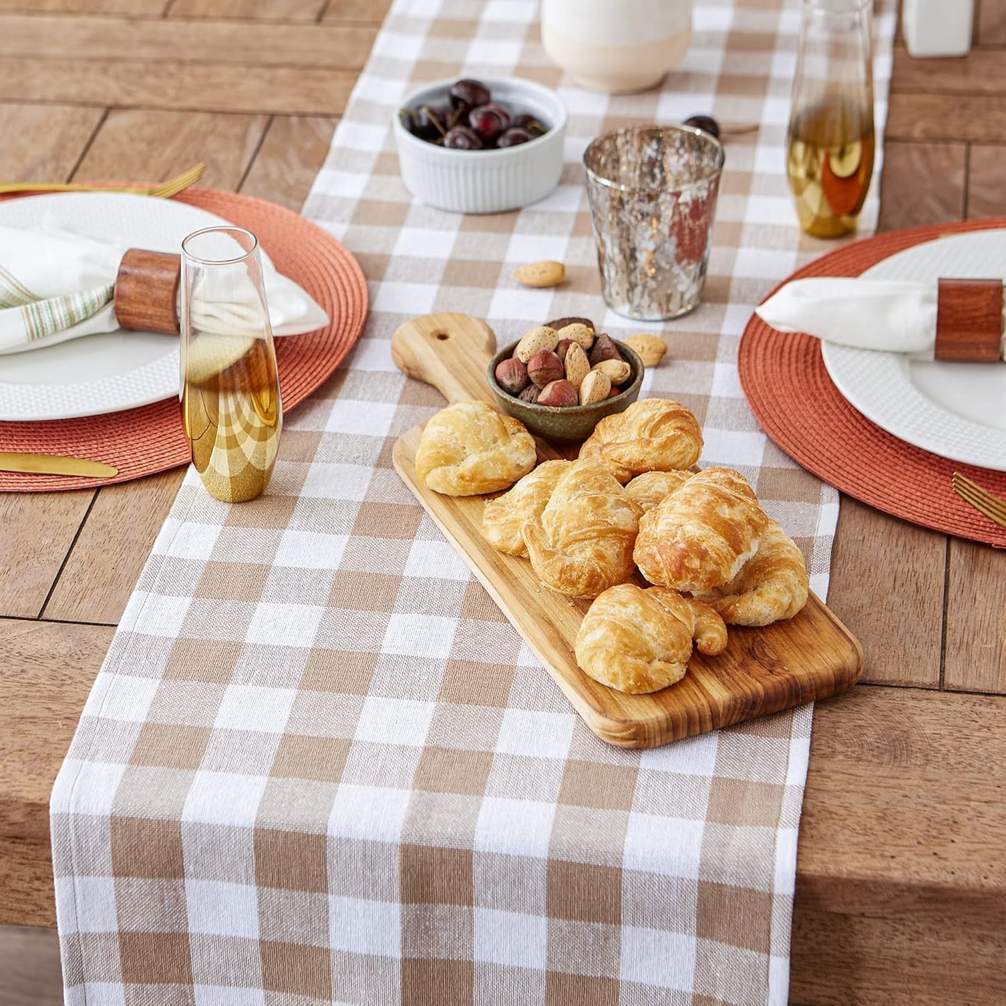 DII - Heavyweight Fringed Check Table Runner, 14x72, Stone Brown