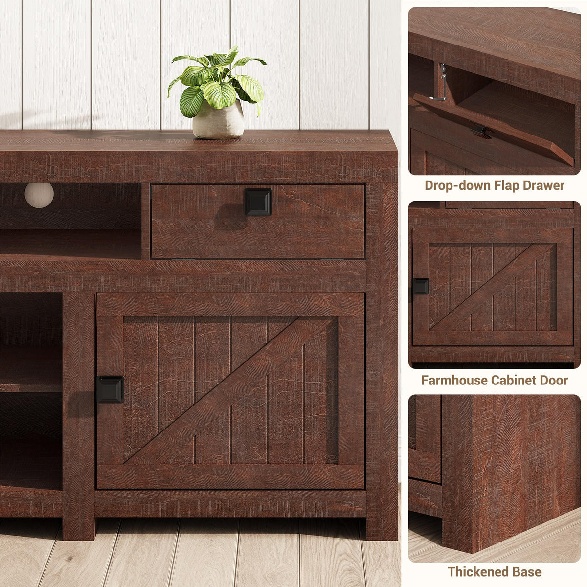 Farmhouse TV Stand for 75/80 Inch TVs, Long Entertainment Center with 4 Storage Drawers & 3 Open Shelf, Television Consoles Stands for Living Room, Bedroom