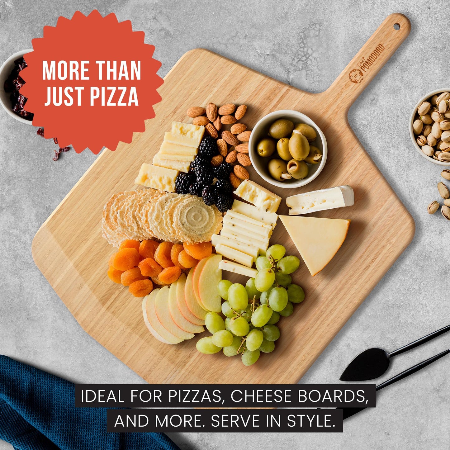 Chef Pomodoro Wooden Pizza Peel 16 Inch, Durable Bamboo Baking Tool, Slider Paddle, Wood Cutting Board, Baking Spatula for Preparing, Launching and Serving Pizza, Bread, Cheese Boards and More