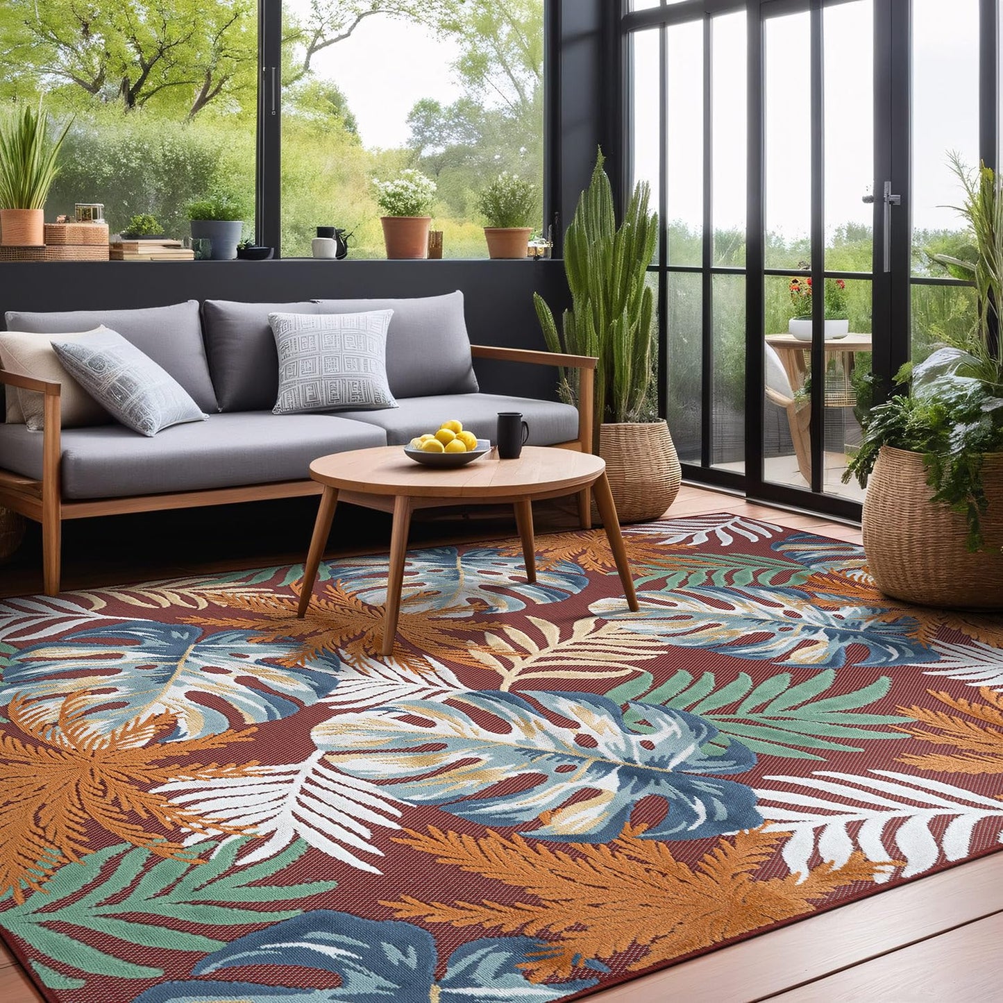 Luul Home Floral Indoor Outdoor Rugs 9x12 Large Area Rug for Living Room, Patio Decor, Kitchen, and Entryway Rug, Washable Stain Resistant Outside Carpet Red 9 x 12