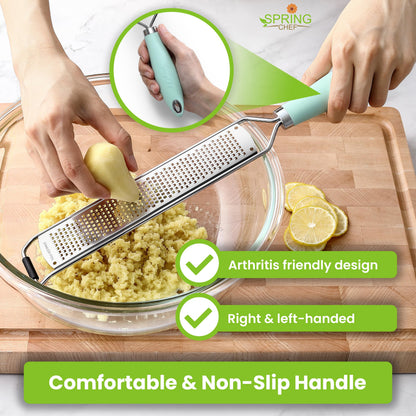 Spring Chef Stainless Steel Lemon Zester Grater with Handle - Garlic, Cheese, Parmesan, Nutmeg, Lime, Ginger Grater - Heavy Duty Kitchen Tool - Citrus Zester with Blade Cover - Fine Shred - Mint