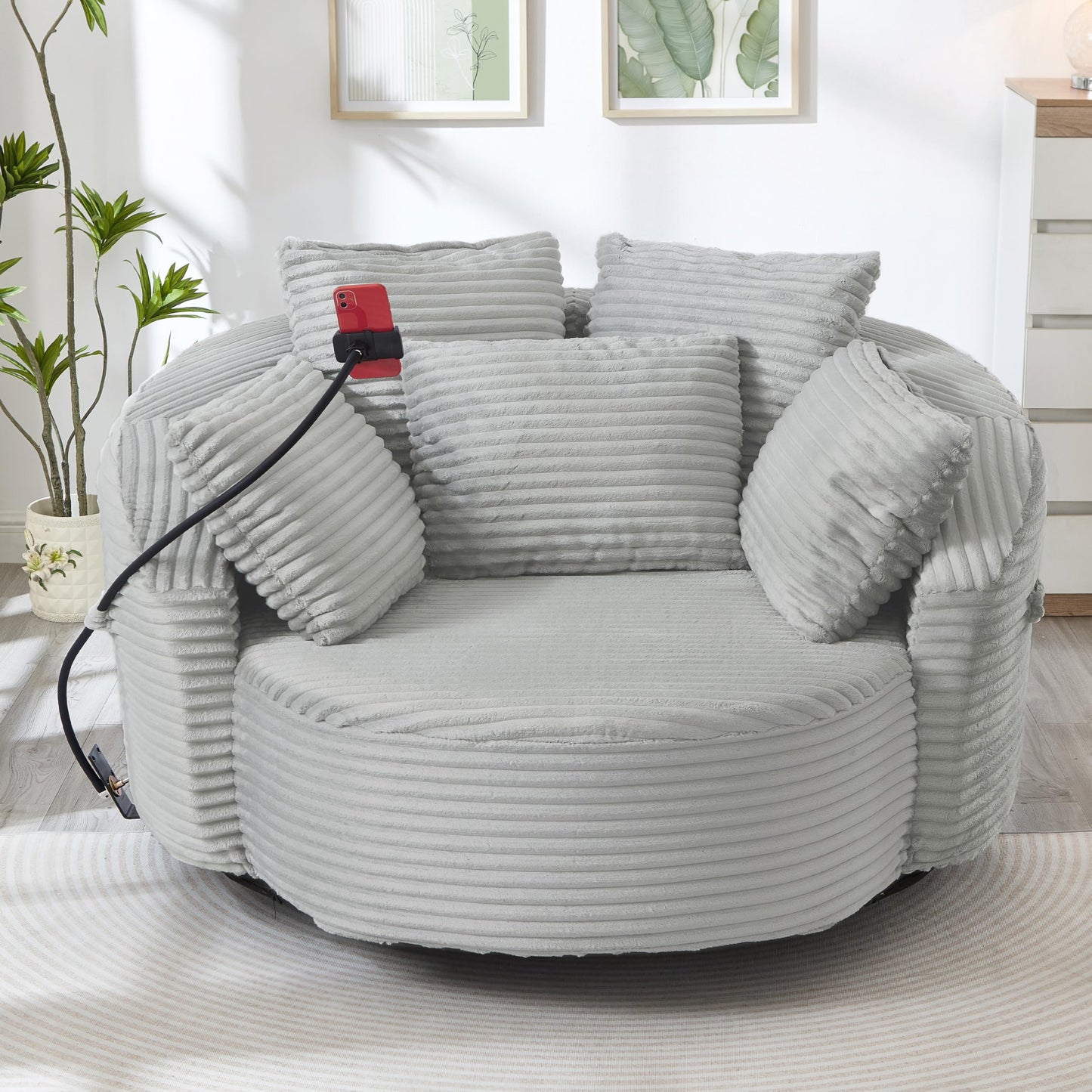 ERYE 360° Swivel Accent Barrel Chair Round Sofa Chaise with 5 Pillows and Adjustable Phone Holder, Modern Round Lazy Armchair for Living Room, Bedroom, Office and Hotel