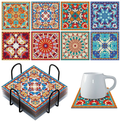 Purpeak 8 Pcs Diamond Coasters Diamond Painting Coasters DIY Mandala Kits with Holder Square Boho Paisley Art 5d Kits for Beginners Adults Craft