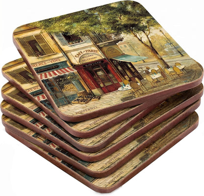 Set 4 4" Pimpernel Parisian Scenes Coasters, of Elegant Cork-Backed Boards Featuring Classic Paris Art Prints, Heat