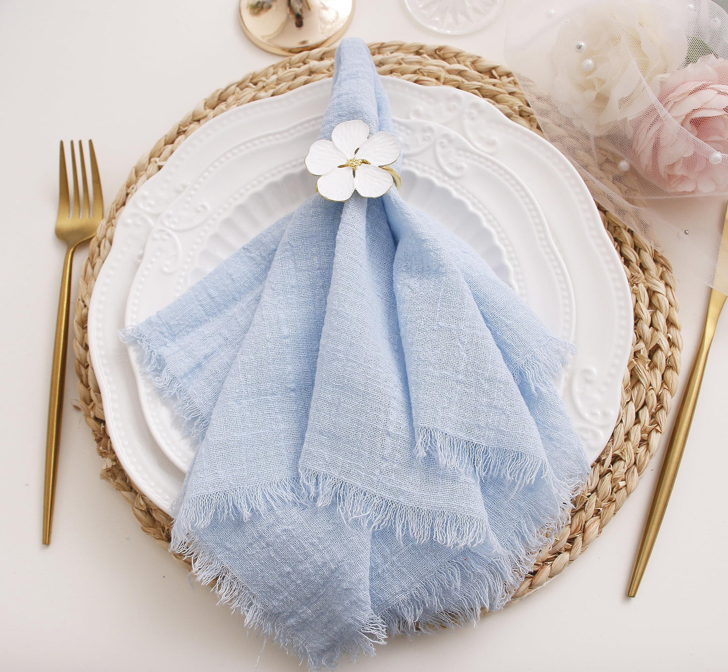 JINVASE Cloth Napkins with Fringe Set of 12,100% Soft Cotton, Gauze Washable Easter Napkins for Wedding Decorative Dinner Parties Spring, (16''*16'') Light Blue
