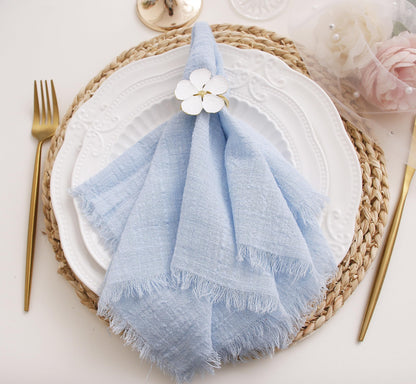 JINVASE Cloth Napkins with Fringe Set of 12,100% Soft Cotton, Gauze Washable Easter Napkins for Wedding Decorative Dinner Parties Spring, (16''*16'') Light Blue