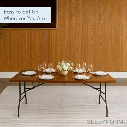 Sleekform 6ft Wooden Folding Table with Handle, Wood Folding Banquet Tables for Dinner - 6 Foot x 28 in, Portable, Sturdy & Lightweight Foldable Table for Dinner, Conference or Picnic - Walnut