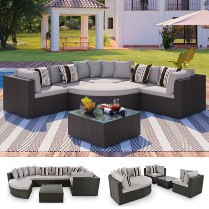 Merax 7 Pieces Outdoor Patio Furniture, 6 Seat Wicker Sectional Lounger Sofa Chair Set with Table, All Weather Rattan Conversation Sleeper Couch Bed Sets for Garden Poolside, Cushions & Pillows, Beige