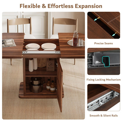 iPormis Round Dining Table for 4-6, 59'' Extendable Dining Room Kitchen Table with 2-Tier Storage Shelf, Wood Dinner Table with Door, Sturdy Pedestal Base, Space Saving, Kitchen, Dining, Walnut