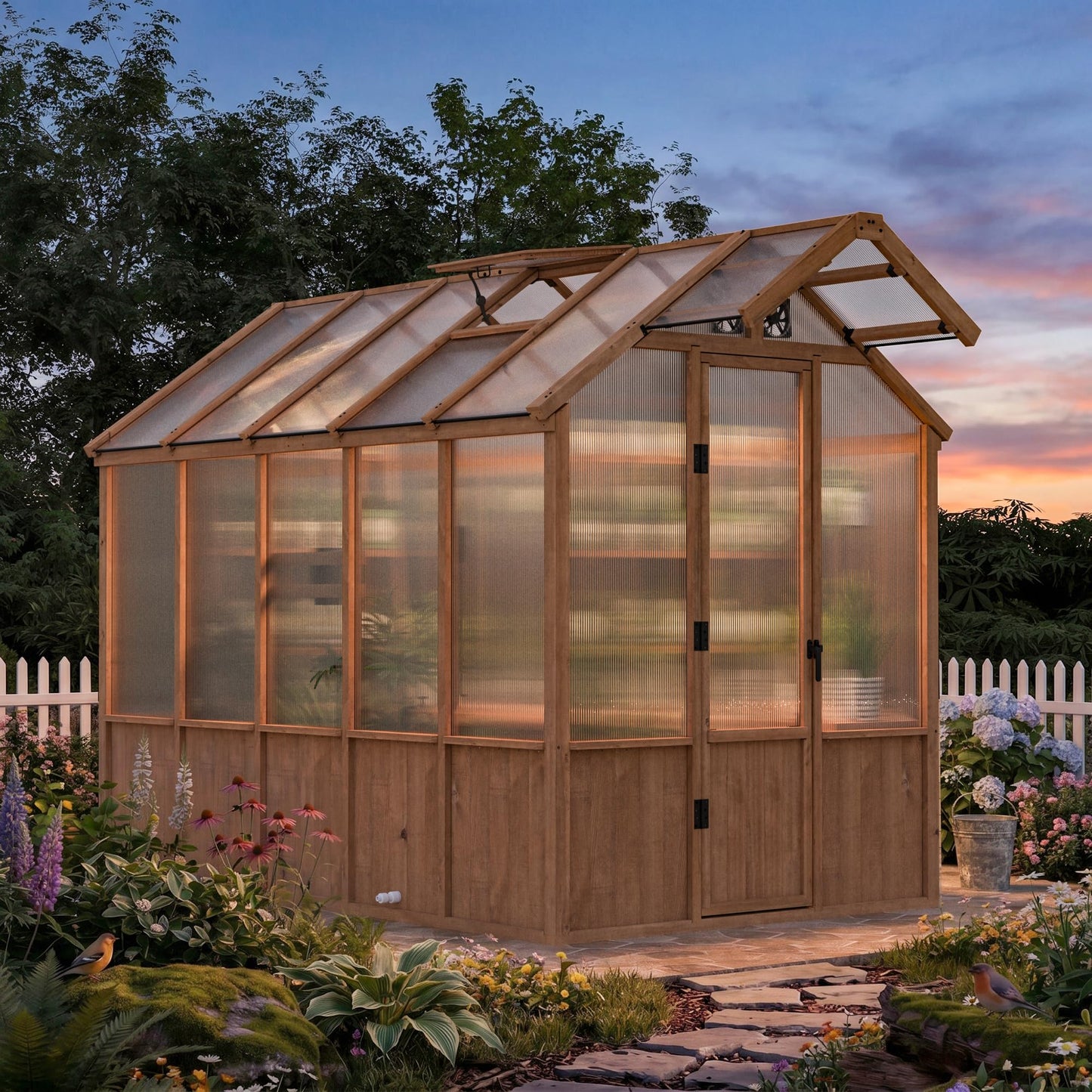 Modern Shade EverBloom 6.5'x10' Wooden Greenhouse, 8' Extra-Tall Cedar Wood Greenhouse with Built-in Outdoor Faucet Kit, Heavy Duty Greenhouse with Built-in Shelving, Power Strip & Ventilation System
