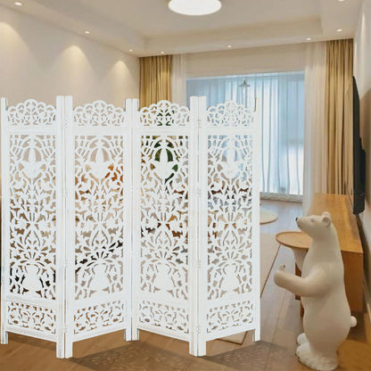 Lightnpro 4-Panel Wooden Room Divider 72"×72" - Hand-Carved Floral Folding Privacy Screen | Pre-Assembled Large Decorative Partition for Living Room, Bedroom, Office & Boho Home Décor - Antique White
