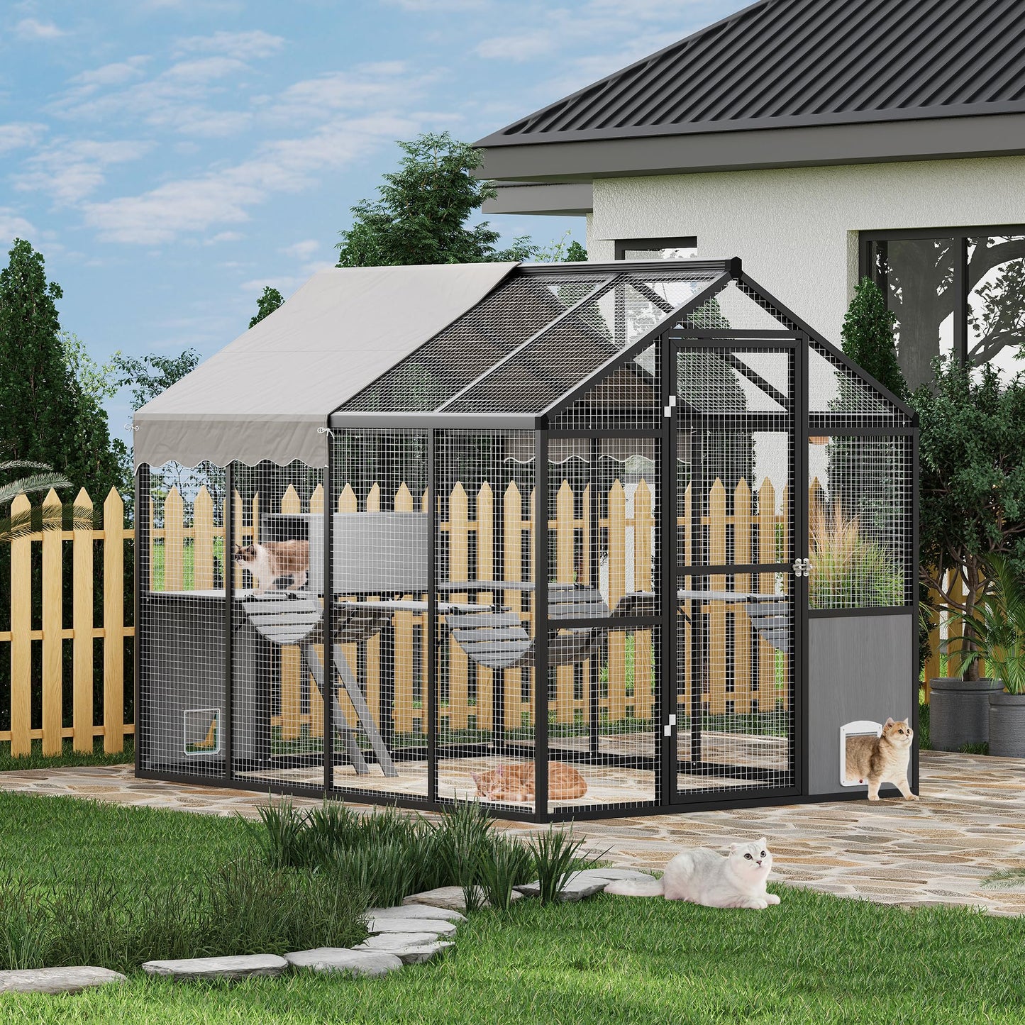 Garvee Large Outdoor Cat Enclosure for Multiple Cats - Weatherproof Catio with UV Cover, Platform & Side Door